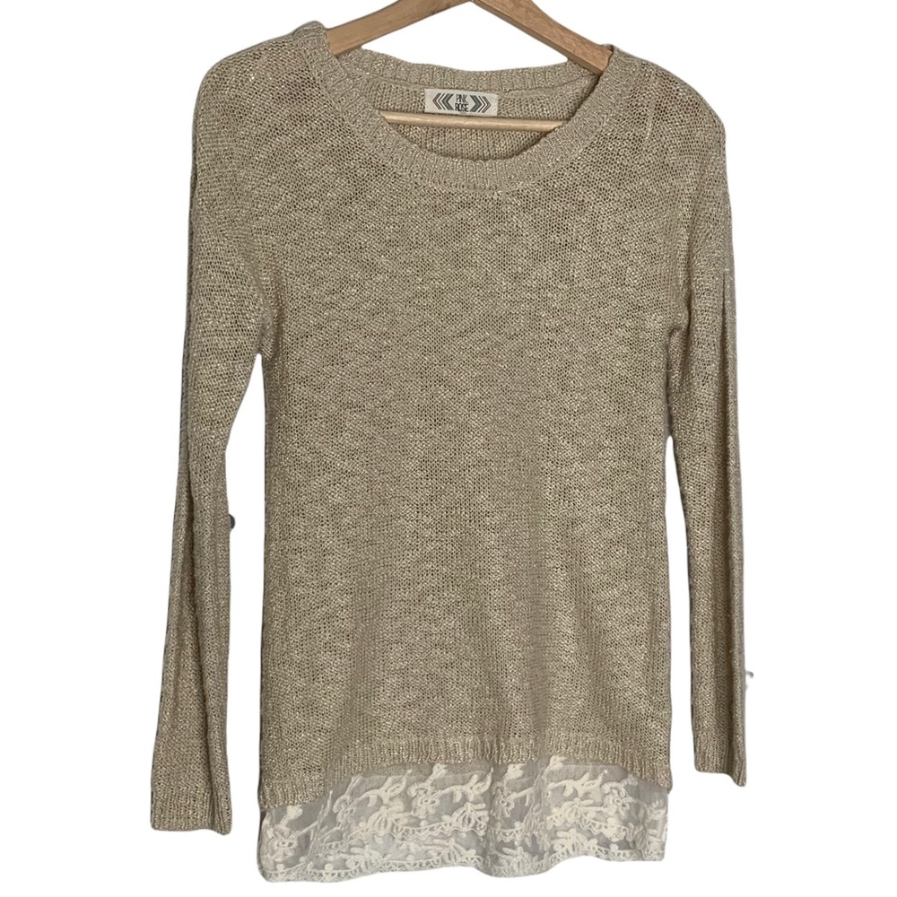 EUC Pink Rose Tan Long Sleeve Sweater with Lace Bottom Size XS